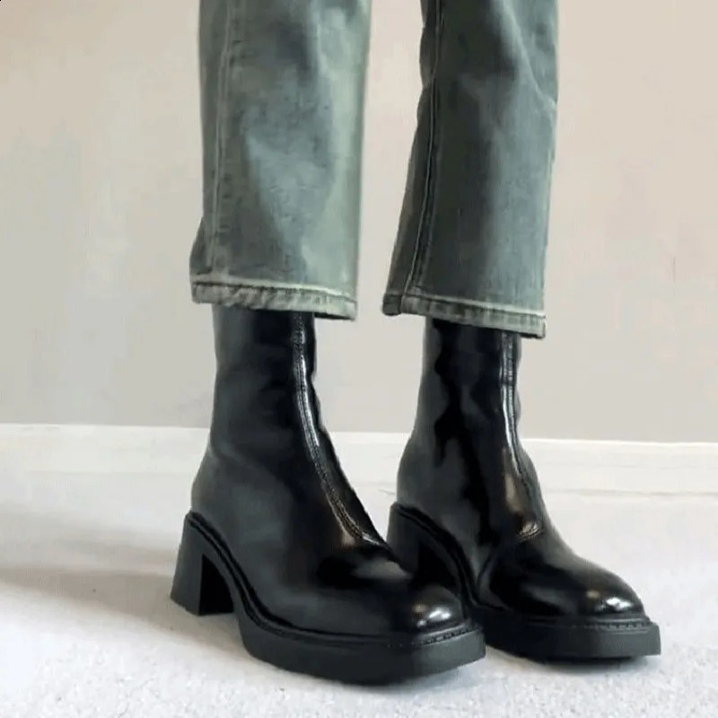 Black Omens Shoes Genuine Leather Womens Boots Thick Soled Coarse Boots Womens Solid Color Womens Shoes High Heel Boots 241226