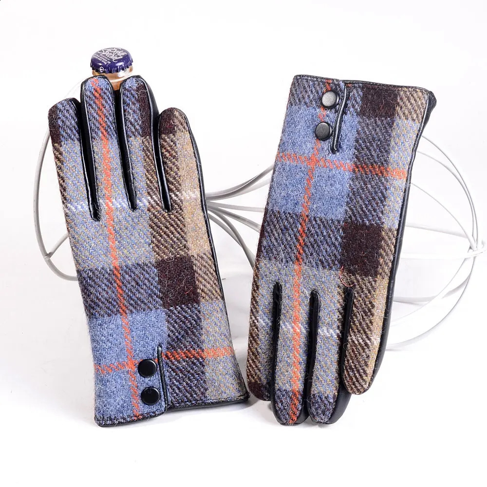 Mens Male Wool Tweed Leather Winter Warm Thicker Lining fashion Touch Screen Driving Short Gloves 241226