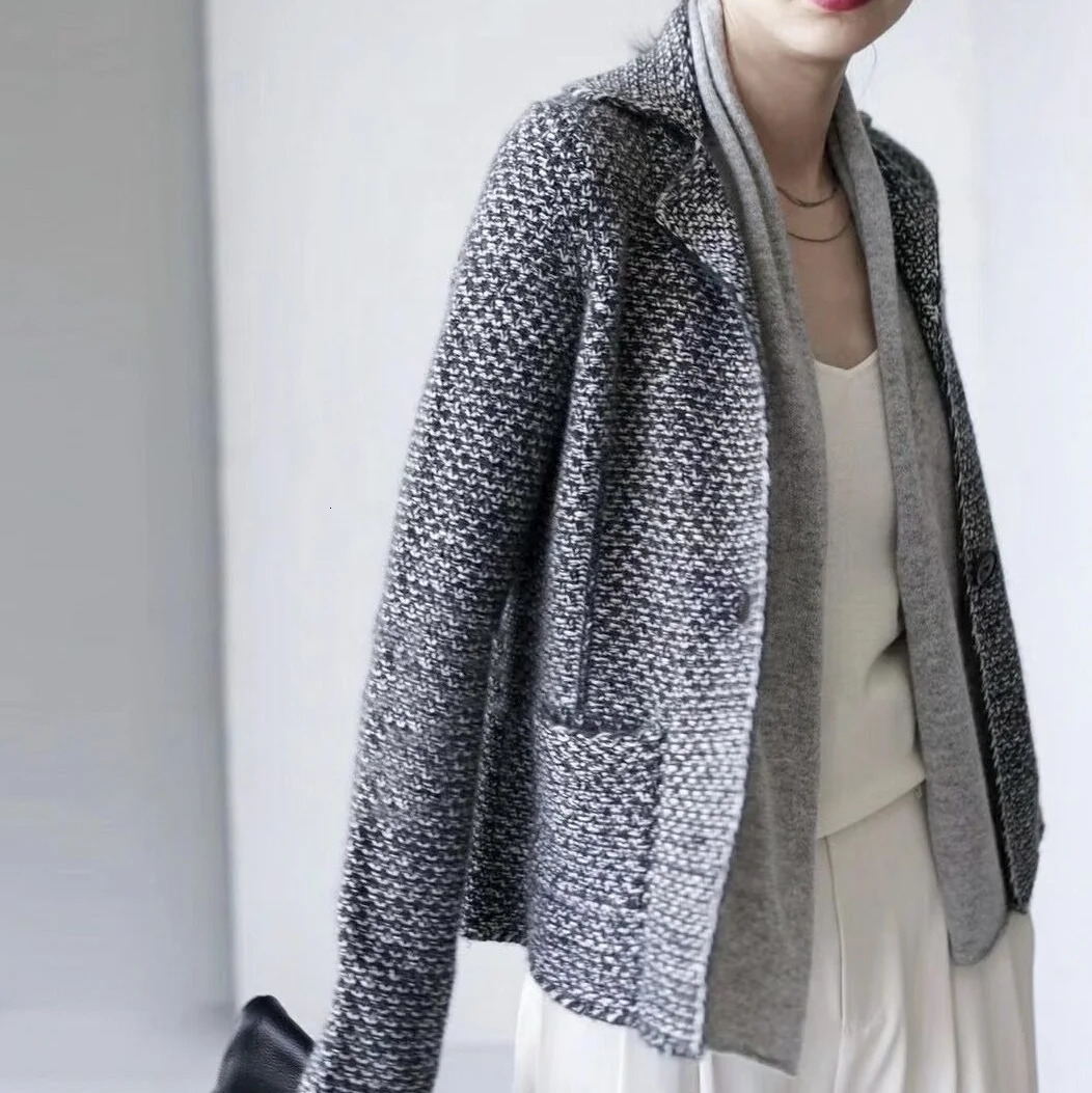 Autumn Winter 100 Cashmere Wool Women Sweater Tailored Collar Two Piece Knit Cardigan French Casual Soft Suit Tops 241225
