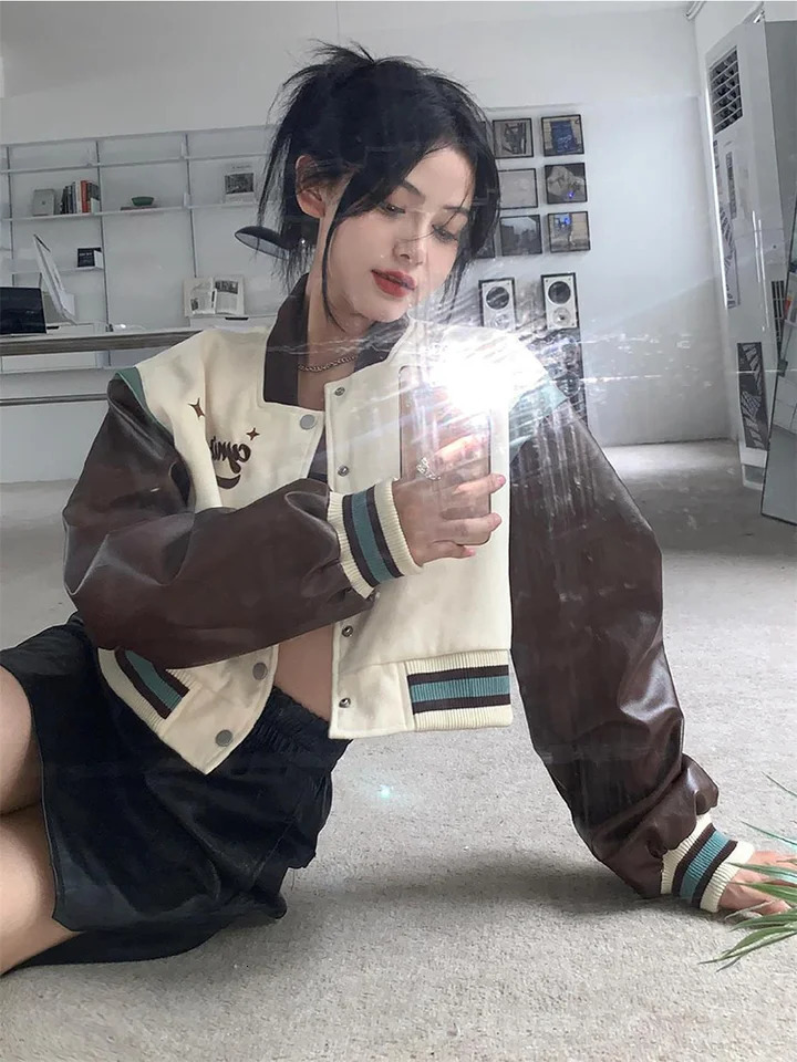 Y2K Cropped Baseball Jackets Women Harajuku Oversized Bomber Coat Streetwear Korean Letter Print Casual Short Outerwear Tops 241218