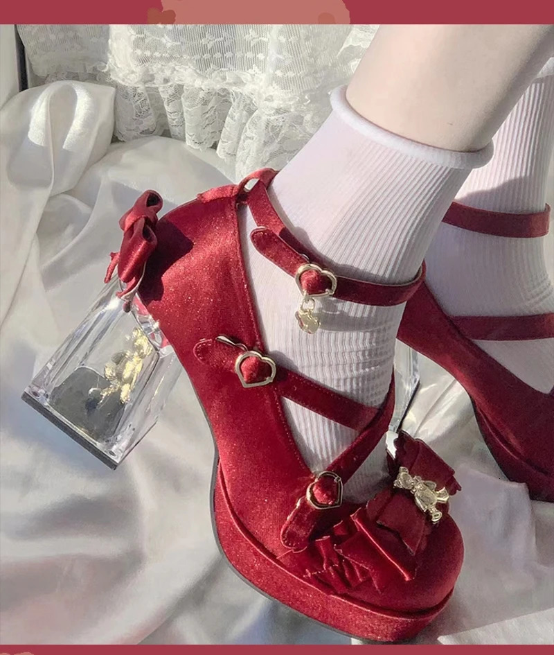 Girls sweet round red bow Platform lolita Shoes for girls High Heel LoliShoes 241225