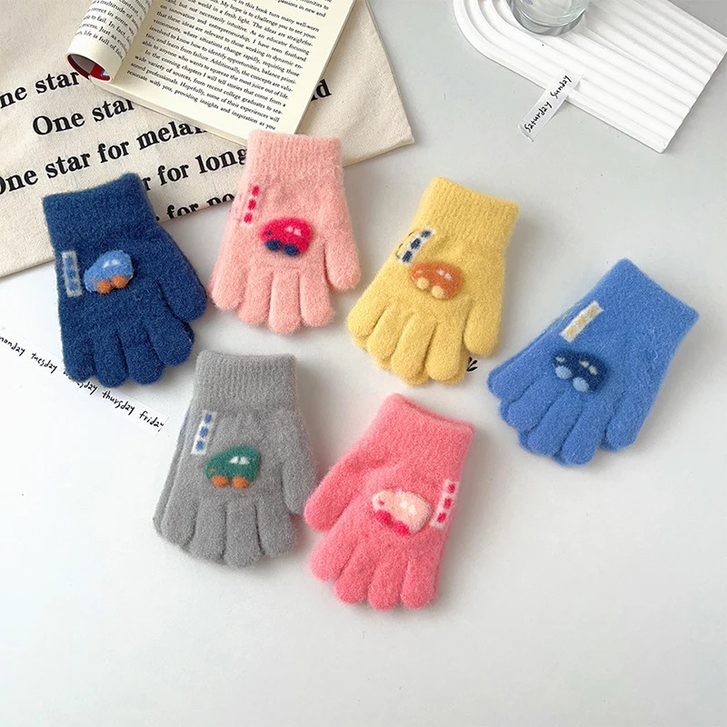 Cartoon Car Baby Gloves Winter Thick Knit Warm Boy Girl Full Finger Mittens Outdoor Windproof Toddler Kids Five 241225