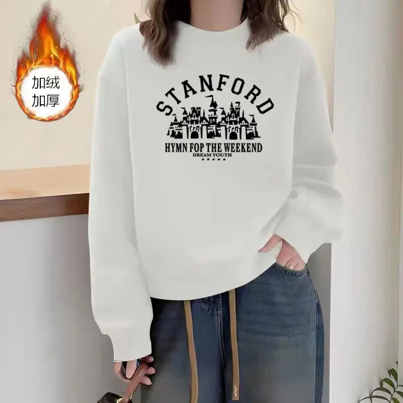 Simplicity Fashion Autumn Winter Women Printing Letter Plus Velvet Thicken Korean Casual Long Sleeve Pullovers Sweatshirts Tops 241223