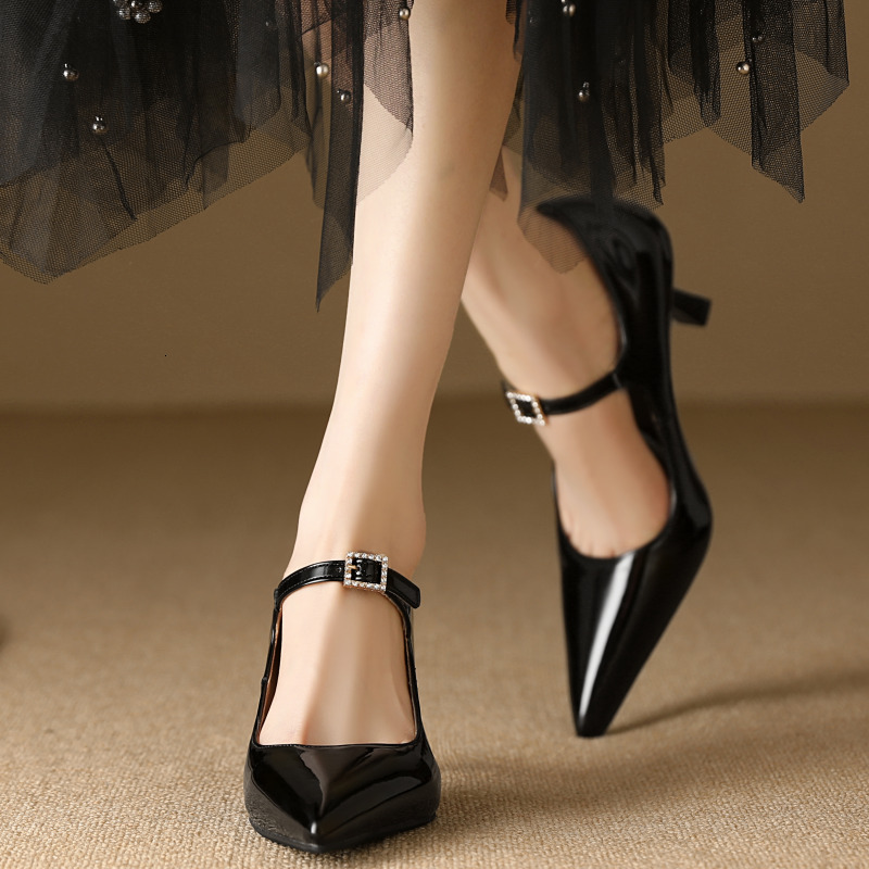 Sexy Point Women's Heels Mary Janes Elegant Black Nude Heeled Pumps Large Size Office Party Wedding Shoes Ladies