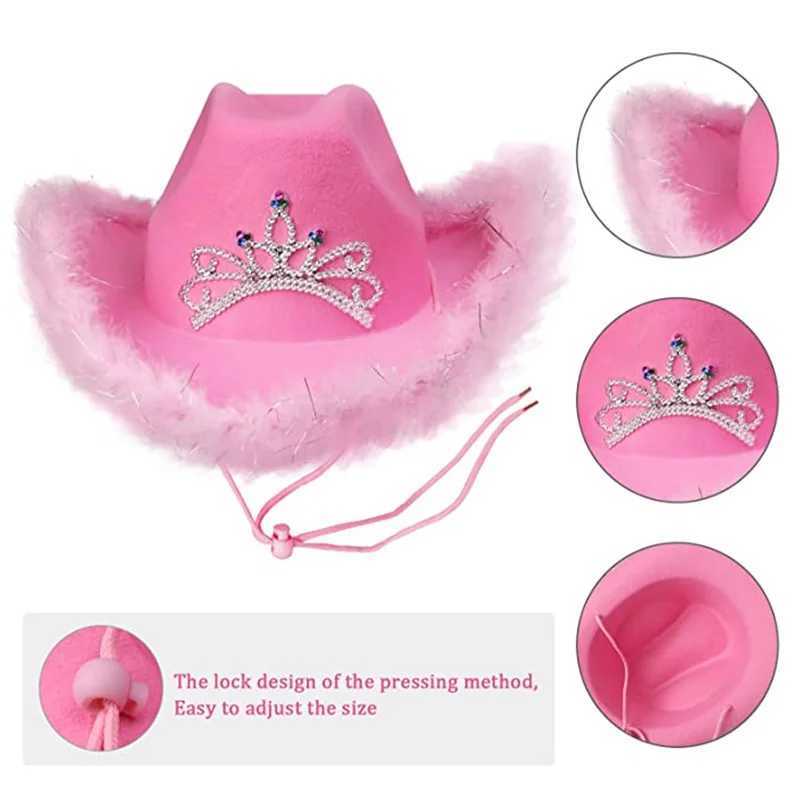 Pink Crown Western Cowboy Hat Womens Headwear Feather Felt Glitter Cowboy Girl C Costume Party Jazz CS Halloween Role Playing Props W241225
