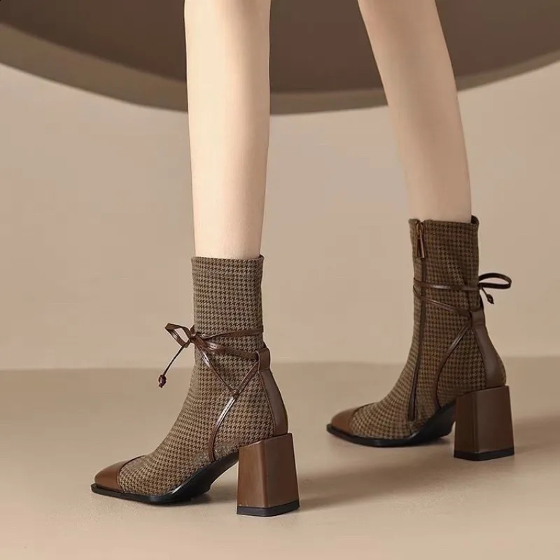 Shoes for Women Square Toe Ladies High Heels Comfortable Thick Heel Office Female Shoes Fashion Womens Ankle Boots 241226