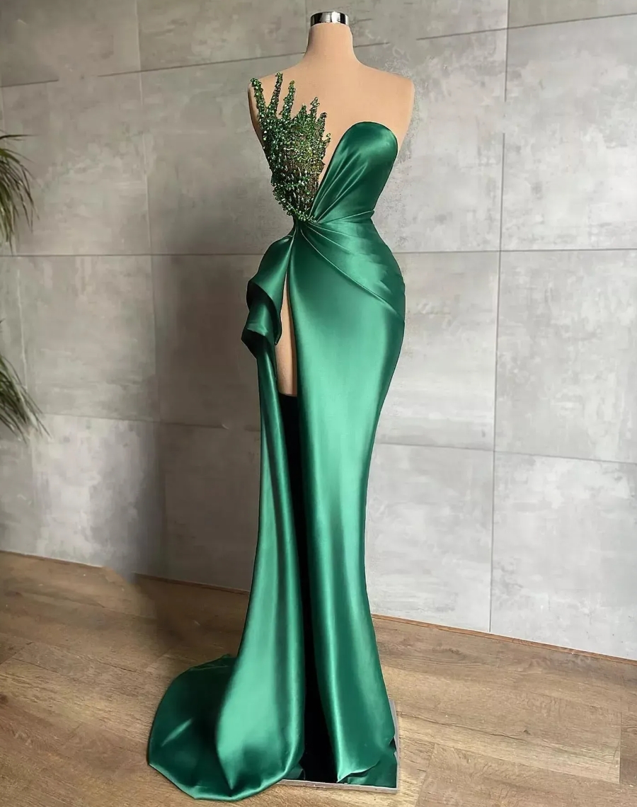 Elegant Green Evening Dresses Strapless Mermaid Satin Crystal Pleat Sexy High Slit Formal Party Prom Gown Vestido De Gala Bc