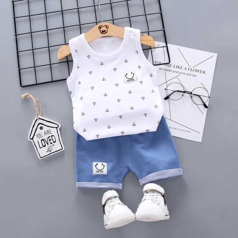 Clothing Sets Newborn Baby Clothes Print Boys Suit Summer Baby Girl 2 Pieces Suit Sleeveless Top+ Denim Short Toddler Boy Set Cotton OutfitsY241225QJH
