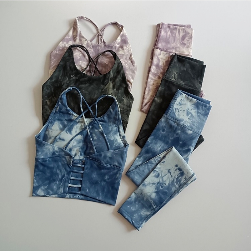 2Pcs Seamless Women Yoga Set Workout Sportswear Fiess Crop Top Tie Dye High Waist Leggings Gym Clothing Two Piece Sports Suits