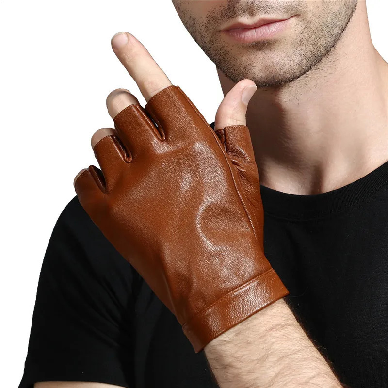Mens Semi-finger Genuine Sheepskin Leather Driving Gloves Male Natural Leather Fingerless Riding Fitness Sports Show Gloves 241226