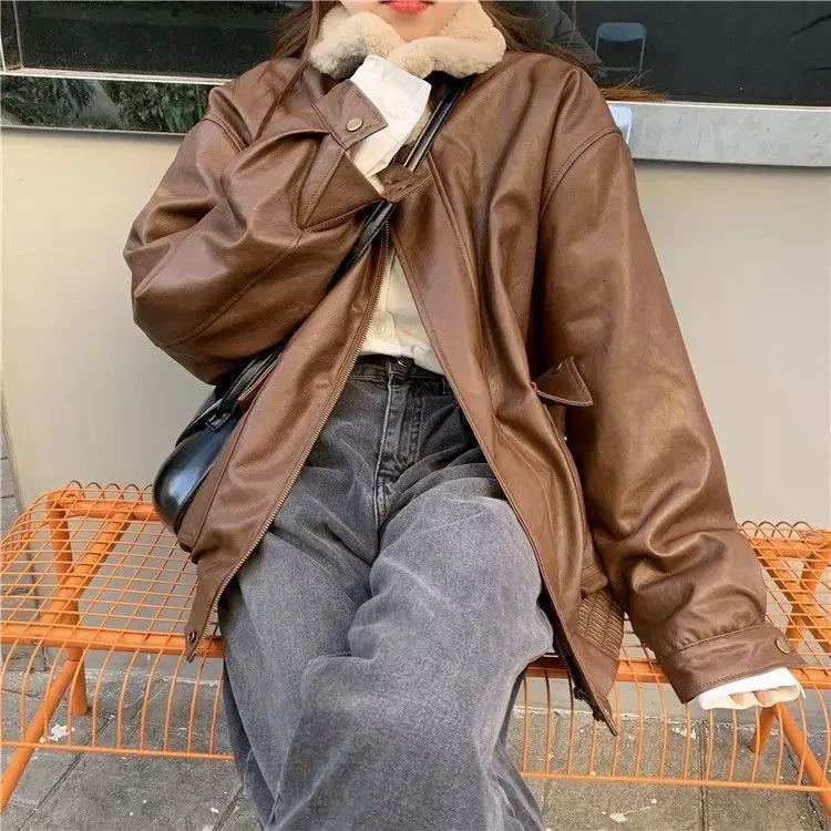 Leather Thicken Jacket Women Fluffy Turndown Collar Long Sleeve Female Coat 2023 Autumn Winter Street Loose Moto Biker Outwear 241223