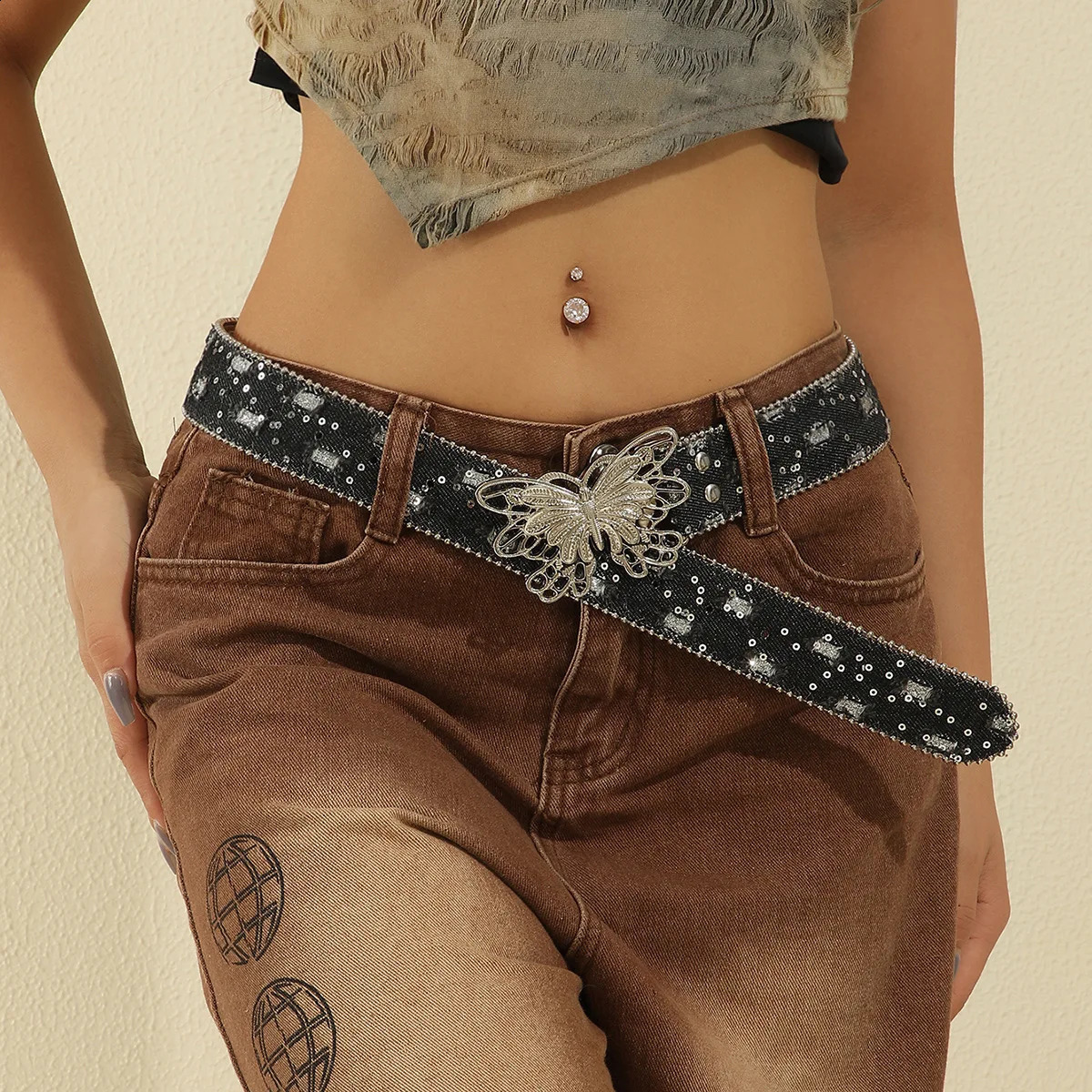 Fashion Vintage Gothic Style Butterfly Smooth Buckle Bb Belt Womens Belt Y2k Jeans Womens Belt 241226