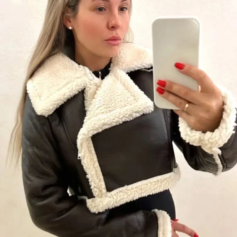 Womens Cropped Leather Jacket Coat Black Wool Blends Coats Bomber Tweed Autumn Winter and Fur Crop 241225