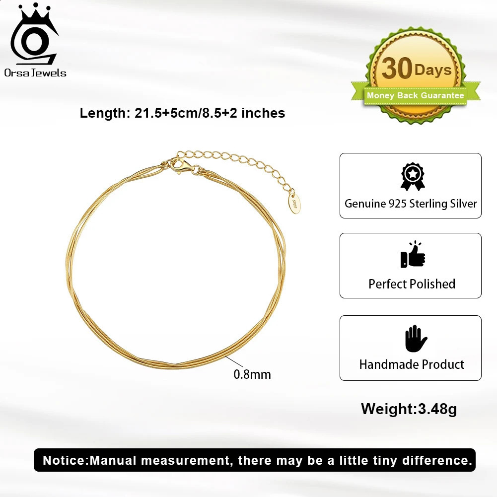 ORSA JEWELS 925 Sterling Silver Ankle Snake Chain Multi-layer Foot Bracelet Simple Beach Jewelry Female for Girl Wholesale SA76 241226