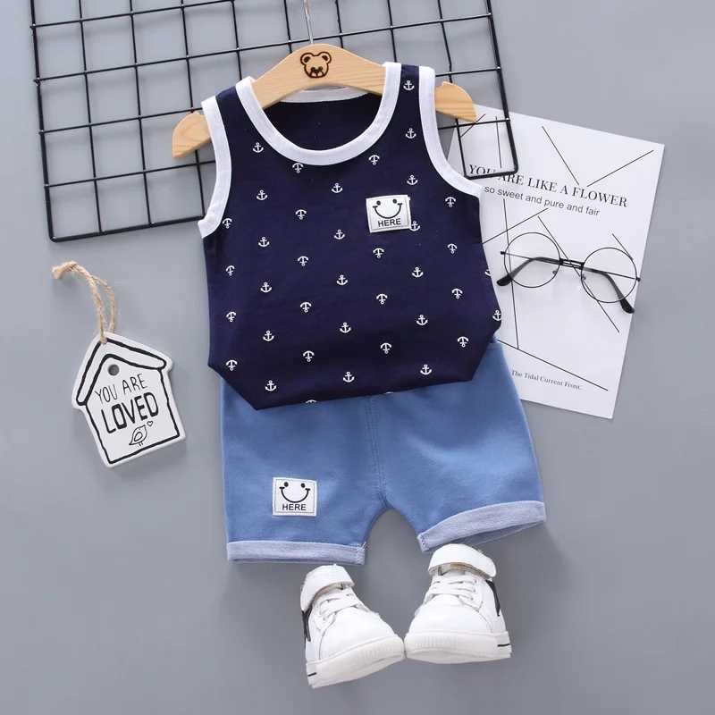 Clothing Sets Newborn Baby Clothes Print Boys Suit Summer Baby Girl 2 Pieces Suit Sleeveless Top+ Denim Short Toddler Boy Set Cotton OutfitsY241225QJH