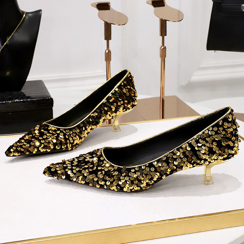 BIGTREE New Sequin Women's Sparkg Women Pumps Fashion Kitten Heels 4.5 Cm Low Heeled Banquet Shoes Size 43