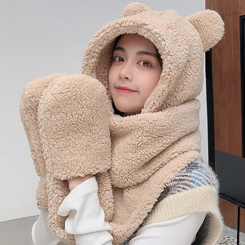 Lamb Velvet Hat Woman Winter Warm And Cold Hooded Scarf Gloves 3-in-1 Sets Female Cute Bear Ear Protection Cotton Cap With Ears 241225