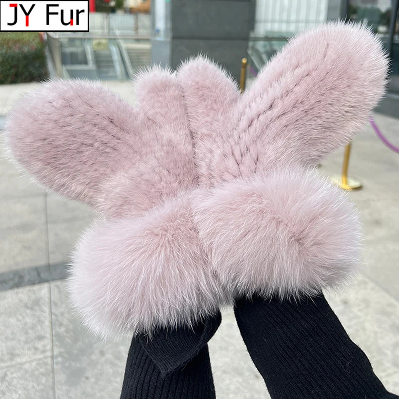 Real Fox Fur The est Super Elastic Imported Mink Gloves Winter Warm Gloves Female Halter Mink Knitted Gloves Cute Gloves 241226