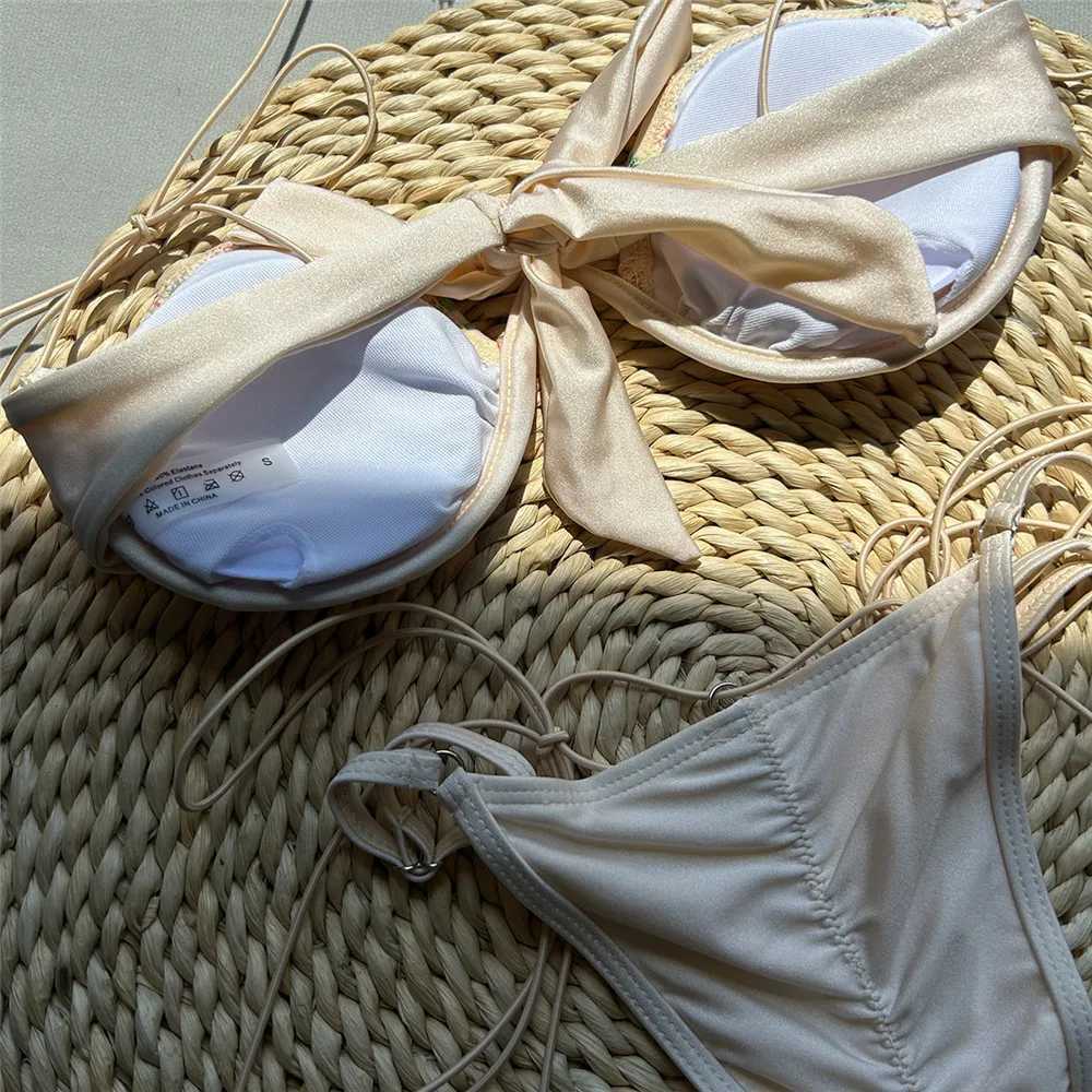 Beige shiny flower embroidered swimsuit thong mini push up bikini set sexy swimsuit womens 2025 swimsuit bead bikini unprinted good productW241225
