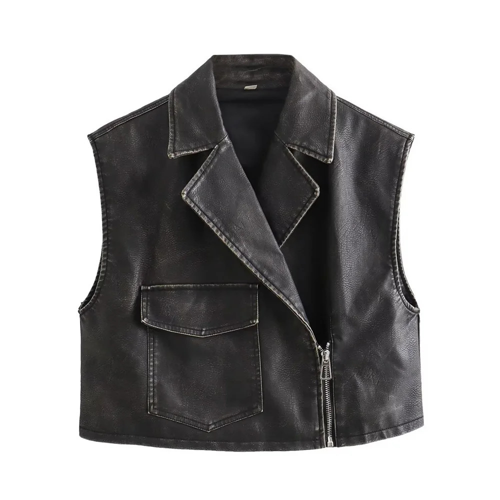 2024ZAR SpringSummer Selling Womens Fashion Retro Worn Washed Leather Vest Short Casual Top 241220