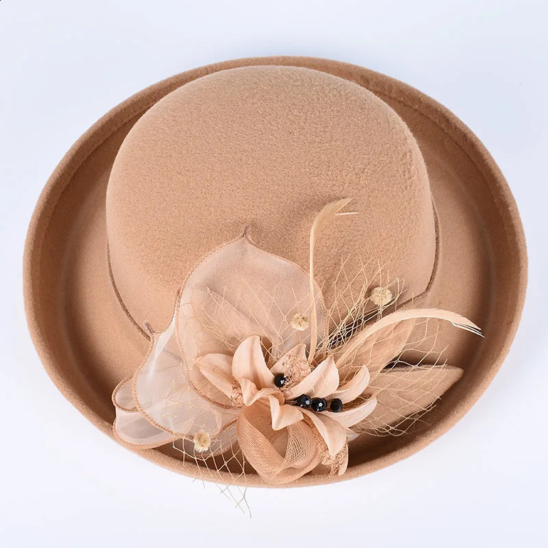 Elegant Womens Hats Fashion Winter Bowler Fedora ladies Wool Round Hat Autumn Vintage Party Fedoras Church Felt Top Hat 241226