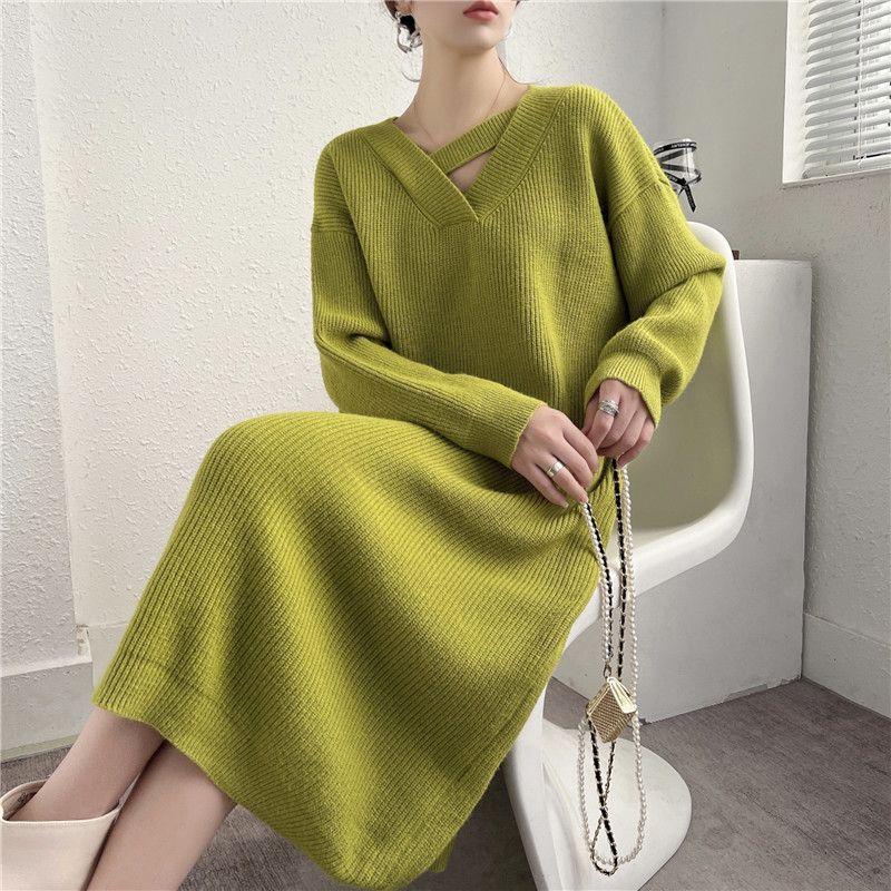 G699514 Large size knitted dress 2024 autumn and winter new loose solid color mid-length over-the-knee sweater for women