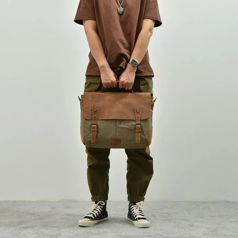 High Quality Portable Briefcase Leather with Canvas American Retro Messenger Bag Shoulder Messenger Bag Multi-purpose 241225