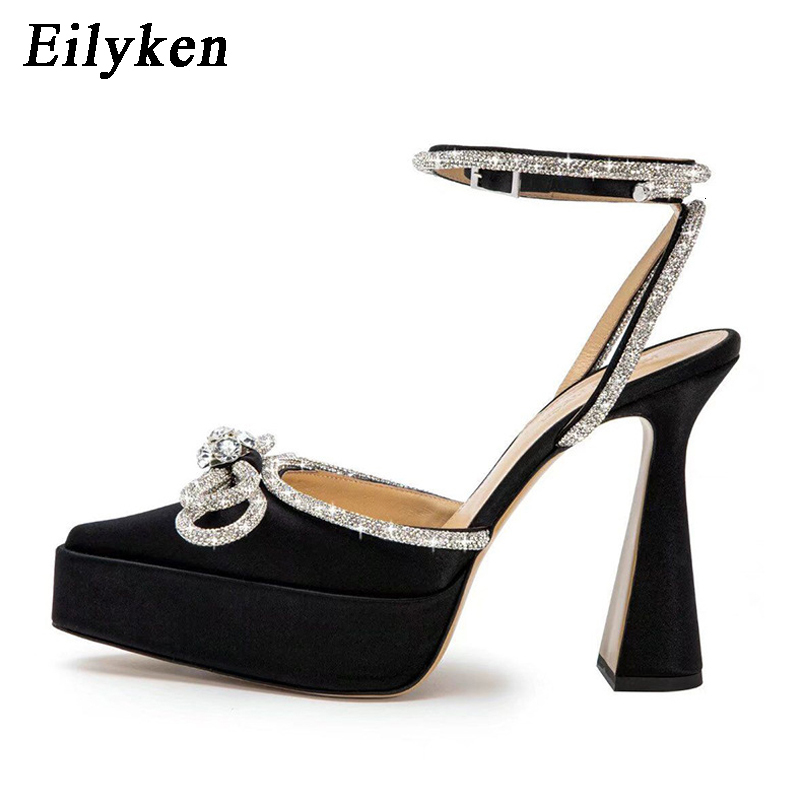 Eilyken Runway Style Brand High Heels Women Pumps Fashion Butterfly-Knot Crystal Pointed Toe Platform Chunky Party Prom Shoes