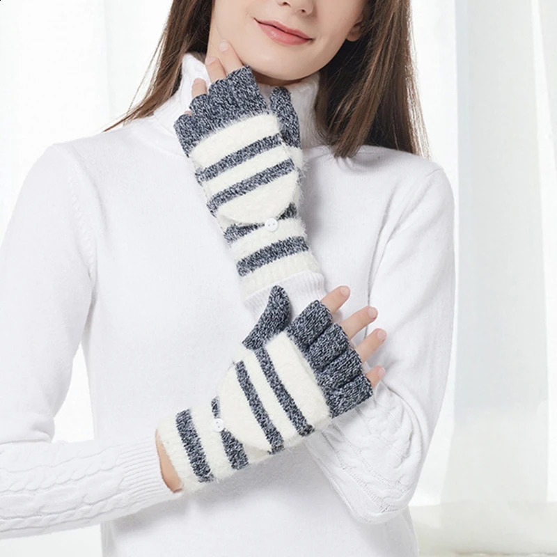 Plush Striped Gloves Fingerless Gloves with Flip Top Winter Knitted Mittens M6CD 241226