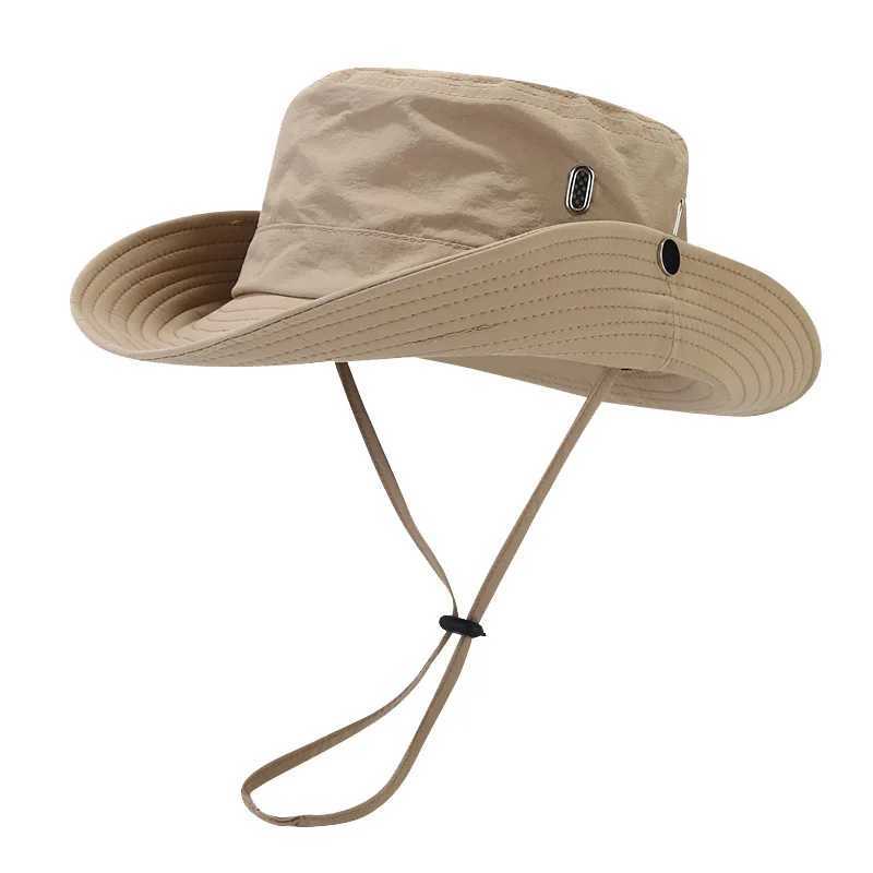Windproof mens outdoor hat width Brim flat top mens camping hat letter printing UV resistant Str hollow mens fisherman hat earmuffs W241225