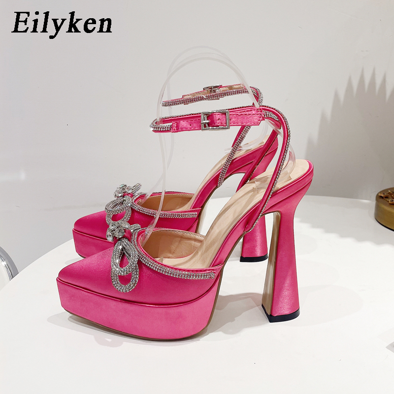 Eilyken Runway Style Brand High Heels Women Pumps Fashion Butterfly-Knot Crystal Pointed Toe Platform Chunky Party Prom Shoes