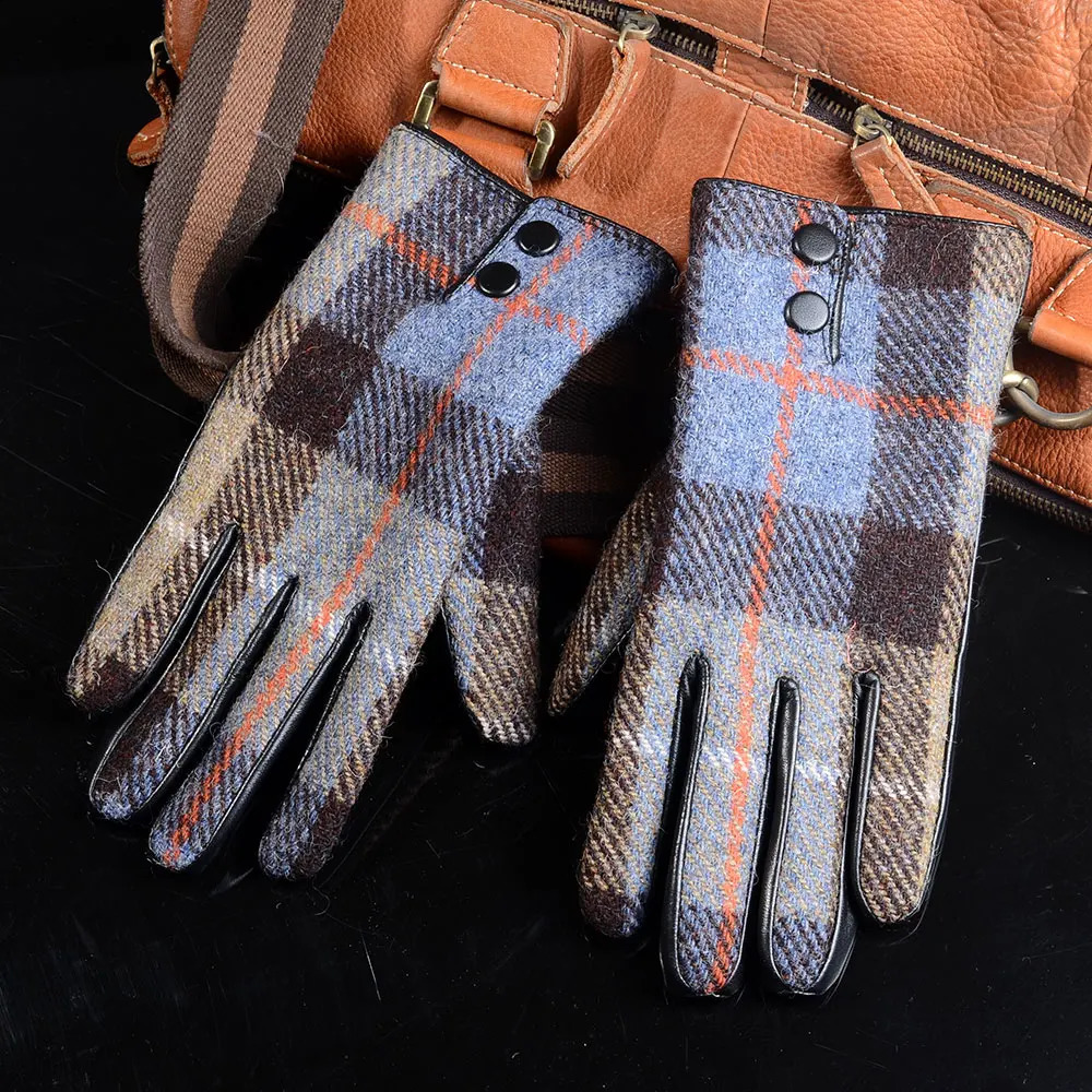 Mens Male Wool Tweed Leather Winter Warm Thicker Lining fashion Touch Screen Driving Short Gloves 241226