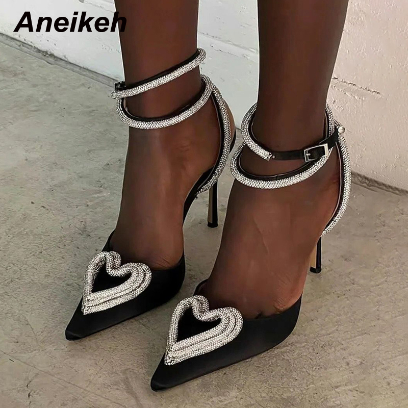 Aneikeh Fashion Runway Style Glitter Rhies Women Pumps Crystal Heart Shape Buckle Summer Lady High Heels Party Prom Shoes