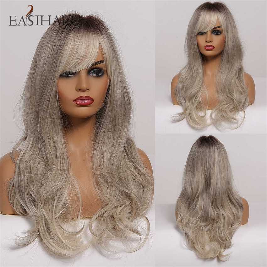 Synthetic Wigs Easihair Grey Ombre Wavy Wigs Long Synthetic for Women with Bangs Natural Hair Heat Resistant Cosplay 230227 Hair Wigs