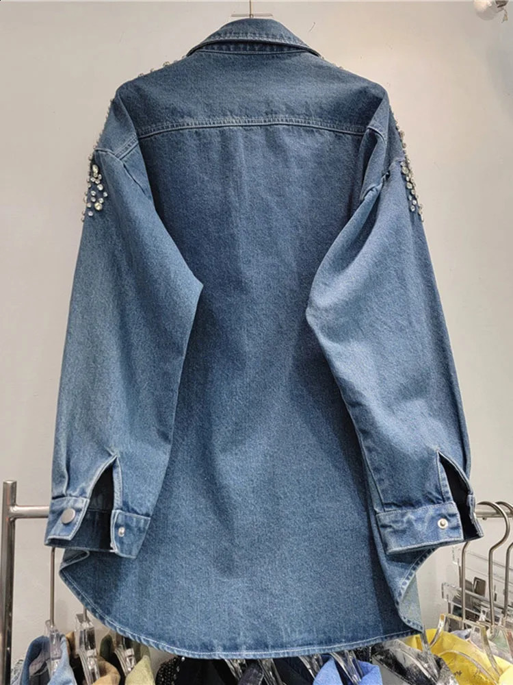 DEAT Fashion Diamonds Loose Denim Shirts Coat For Women Autumn Trendy Lapel Long Sleeve Pockets Jacket Females 29L7920 241223