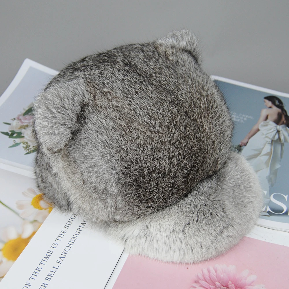 Rabbit Fur Hats for Women Winter Warm Solid Genuine Fur Cap High Quality Female Fur Hat with Tail Cute Girls Cat Hats 241225