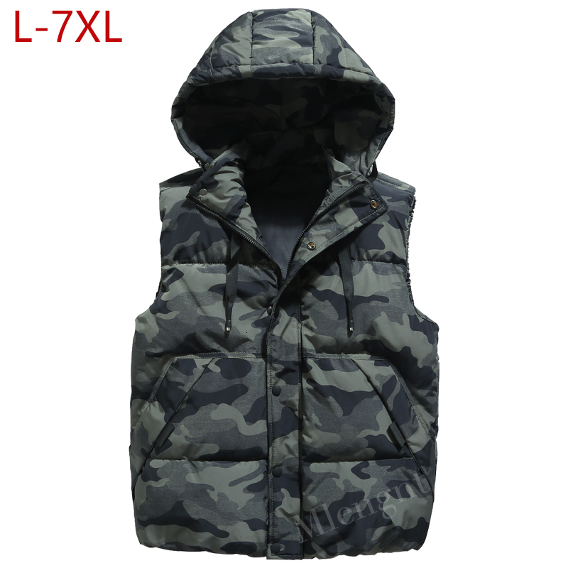 Spring Winter Plus Large Size 6xl 7xl Vest Hat Detachable Camouflage Sleeveless Jackets Warm Parka For Men Unisex Waistcoat