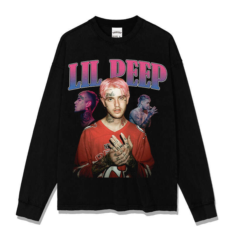 Hip hop lil peek printed high street short sleeved T-shirt vintage washed pure cotton round neck hooded sweatshirt