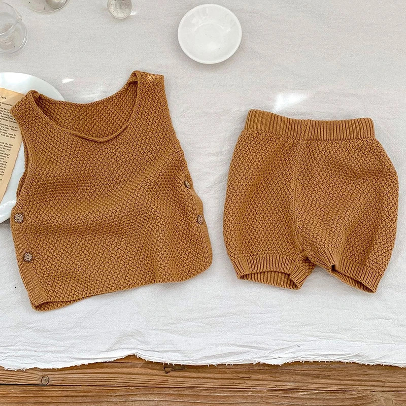 Infant Striped Knitwear Clothing Suit Toddler Child Fashion Baby Girl Boy Knitted Clothes Set VestShorts 2PCS Short Sleeve 241225