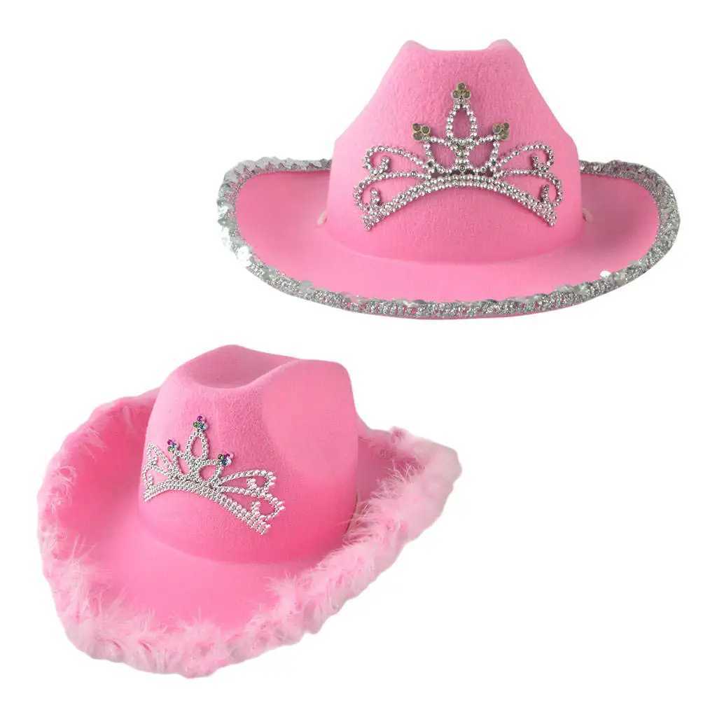 Western style denim hat pink womens fashion party decorated with crown headpieces and wide eaves W241225