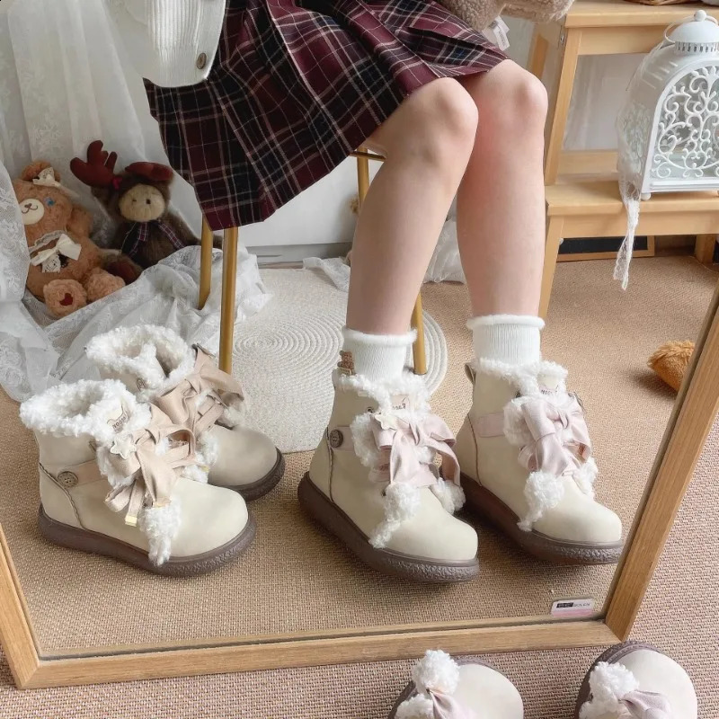 Trendy Mid-term Plush Boots 2024 Winter Plush Cute Flat Bottomed Round Bow Casual Womens Snow Boots Zapatos Mujer Sneakers241226