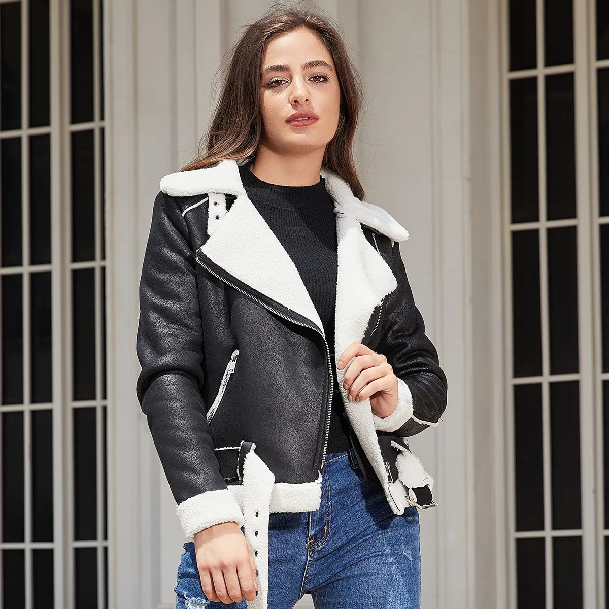 Autumn Winter Womens Leather Jacket Thicken Fur Integrated Warm Suede Female Belt Lapel Collar 241218