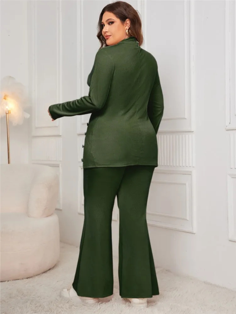 Plus Size Autumn Winter 2 Two Piece Set Women Split Fashion Slim Ladies Blouses High Waist Loose Pleated Woman Flared Pants 241220