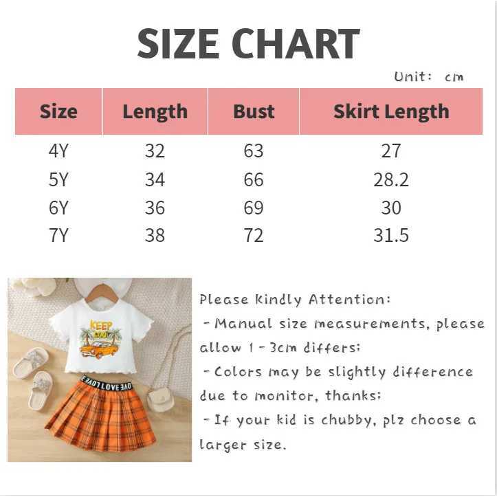 Clothing Sets 2PCS Summer Child Girls Set Cartoon Pattern Short Sleeves T-shirt+Plaid Folding Skirt Fashion Clothing For Kids Girls 4-7 YearsY241225OP