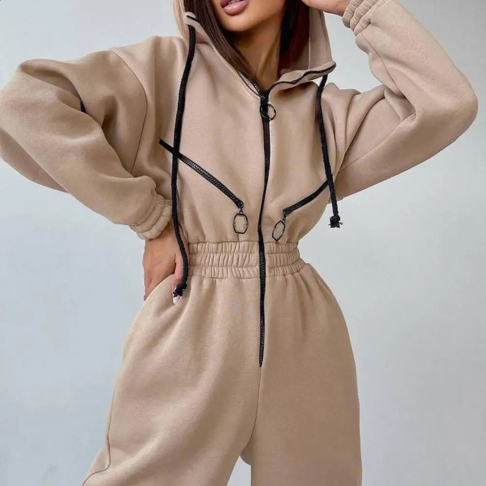 Warm Winter Women Hooded Playsuit Solid Color Thick Tight Waist Rompers Casual Women Hoodie Jumpsuit Overalls combinaison femme 241224