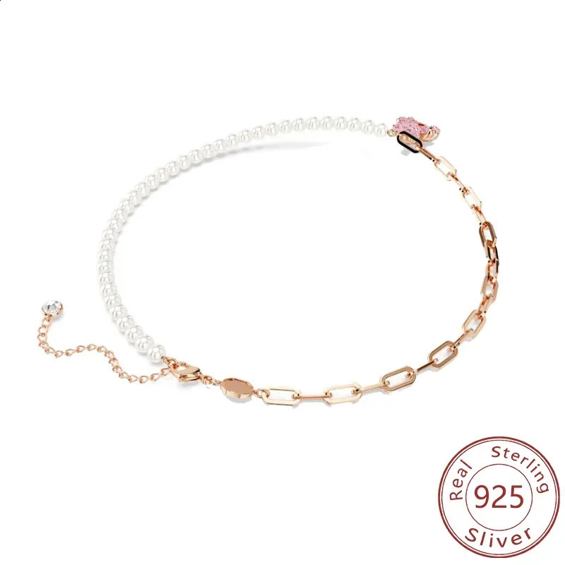 925 Silver Jumping Pink Teddy Bear Pendant Necklace 3D Full Diamond 241226