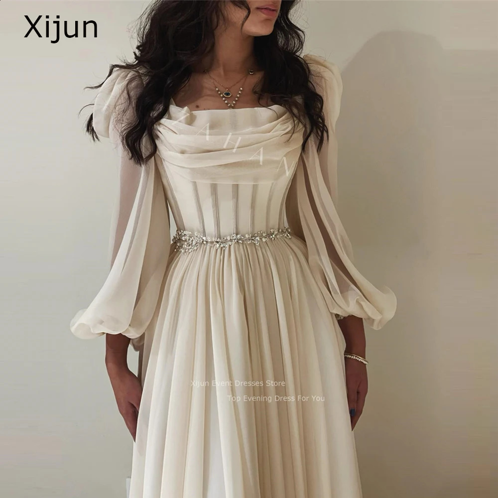 Xijun Chiffon Long Sleeves Prom Dresses Pleats Crystal Beaded Prom Gowns Formal Party Elegant Gowns Dubai Evening Dress Women 241223