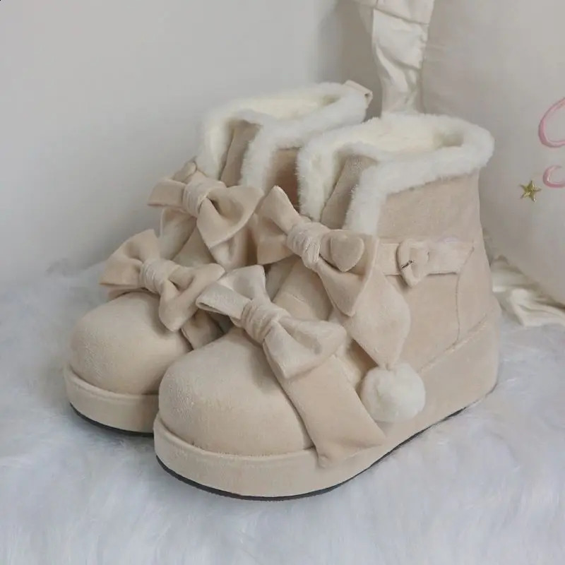 Lovely Girls Lolita Winter Ankle Snow BootsPlush Warm Hairball Bowknots Wedge Heel Heightening Platform Shoes241226
