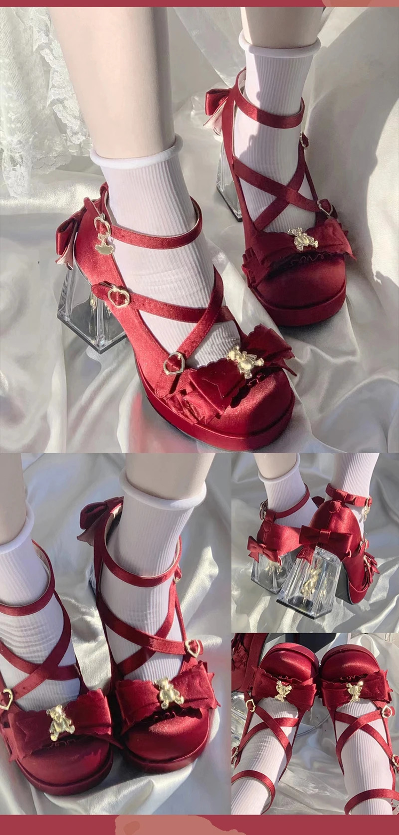 Girls sweet round red bow Platform lolita Shoes for girls High Heel LoliShoes 241225