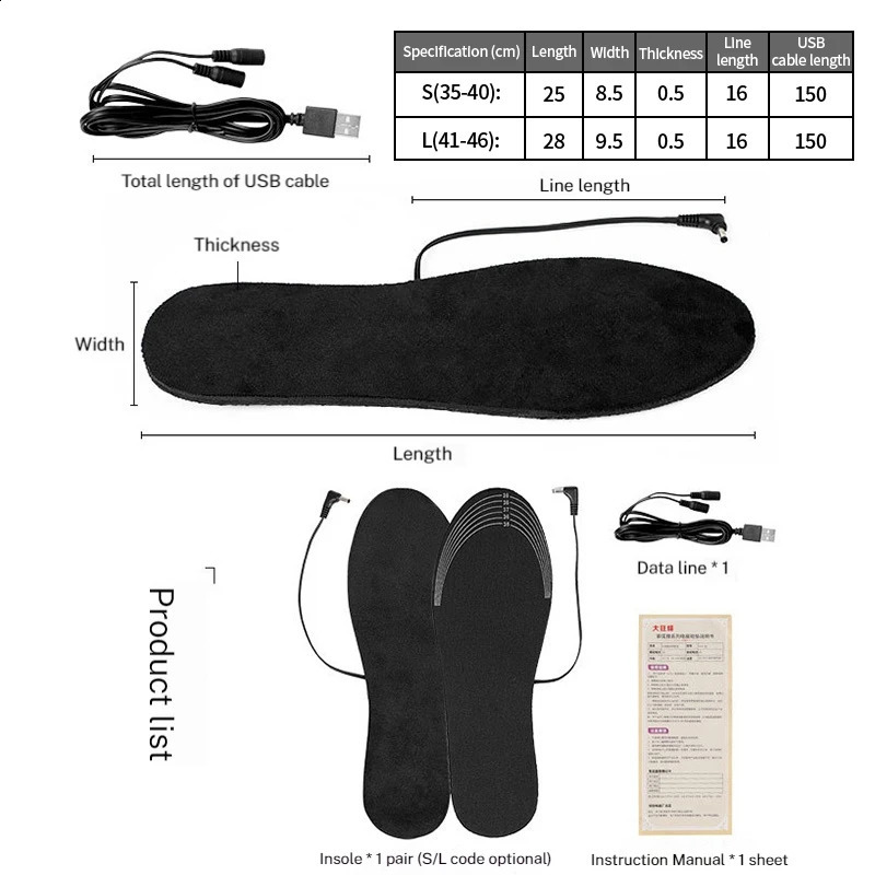 USB Rechargeable Heated Insoles 35-46 Electric Heated Shoe Insoles Feet Heater Winter Warmer Camping Hiking Skiing Accessories 241226